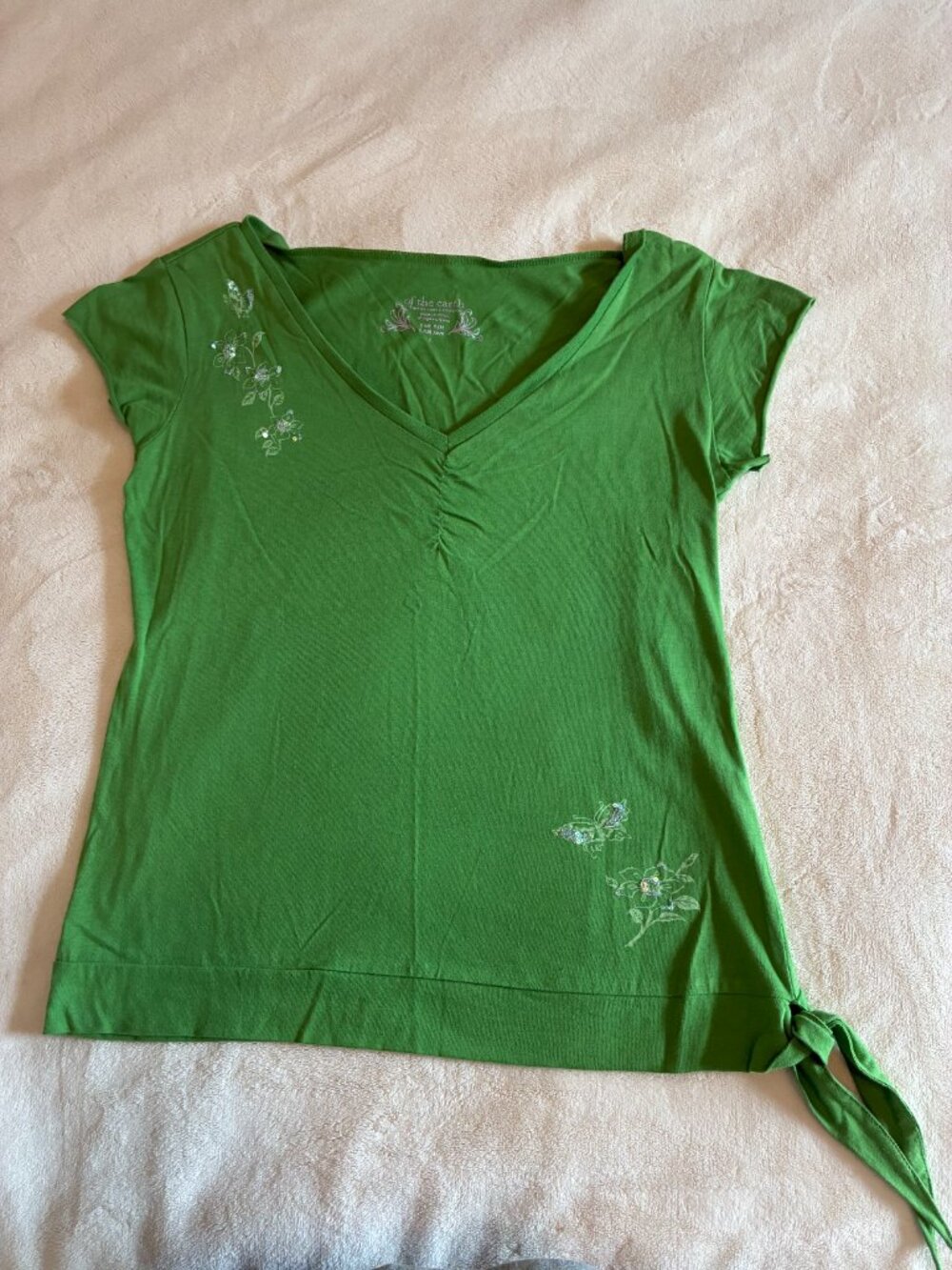 Of The Earth Green Floral Sequin Tie Hem Top Women’s L NWOT